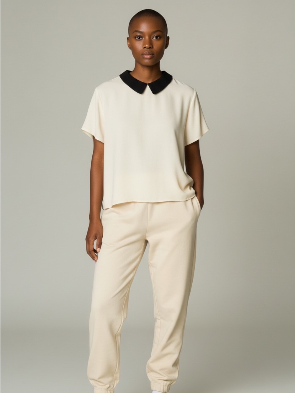 Sunday Best HEP-228-35 Contrast Collar Blouse in Cream & Black Size Medium